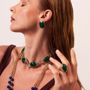 Brinco Botão Pedra Agatha Verde com Cristais Ouro ITALIAN GLAM 80 - Cristina Sabatine - Imagem 2