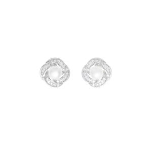 Brinco Flor Baguete Pérola Natural Zircônia Branca Ródio Branco - Imagem 1