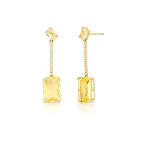 BRINCO PÊNDULO COM CRISTAIS RETANGULARES AMARELO E ZIRCÔNIAS