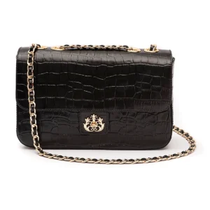 BOLSA ANNE JUMBO EM COURO NATURAL MAXI CROC PRETO OURO - Isla