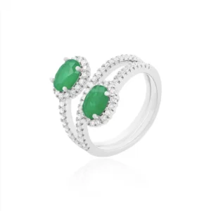 Anel Duplo Cravejado Oval Esmeralda Ródio Aro 15 - Imagem 1