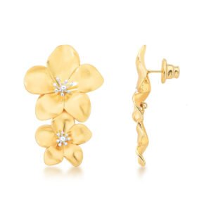 Brinco floral dourado longo blossom duo