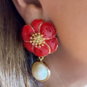 Brinco Flor Esmaltada Vermelha
